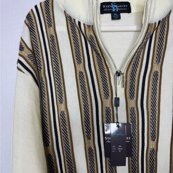 Steve Harvey Celebrity Pullover Cream Sweater XL Indie 1/4‎ Zip Textured Stripe - Picture 4 of 10